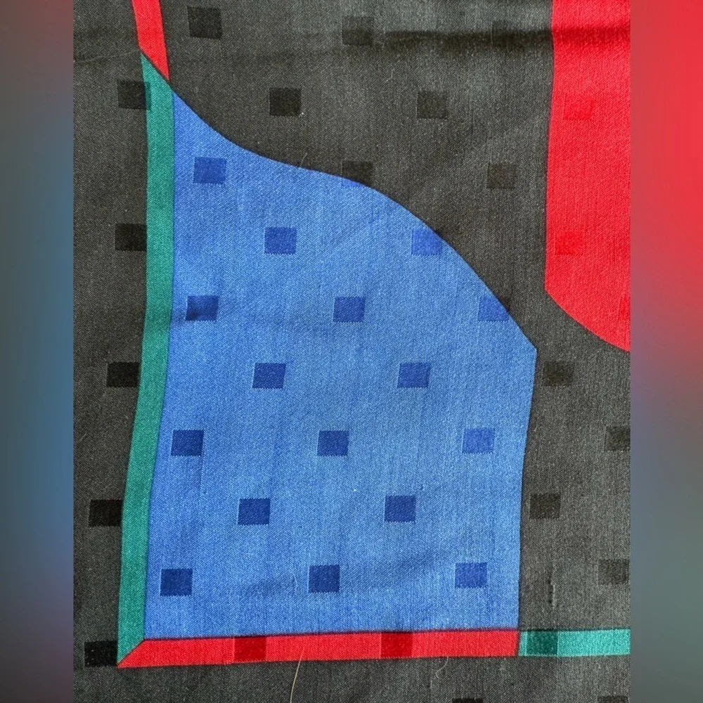 Ginnie Johansen Vintage Silk Scarf 35” Black Blue Green Red Rolled Edges